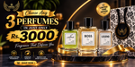 Promotional banner for Angel Wings Perfumes showing three glass perfume bottles labeled 'Sakram', 'BOSS', and 'LEGEND' on a black marble pedestal with gold ribbons, alongside a patterned gift bag and promotional text offering 3 perfumes for Rs. 3000.1