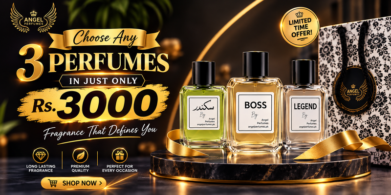 Promotional banner for Angel Wings Perfumes showing three glass perfume bottles labeled 'Sakram', 'BOSS', and 'LEGEND' on a black marble pedestal with gold ribbons, alongside a patterned gift bag and promotional text offering 3 perfumes for Rs. 3000.